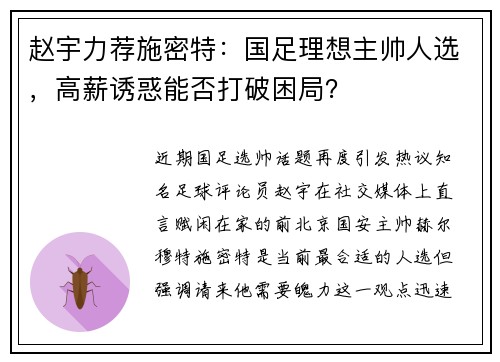 赵宇力荐施密特：国足理想主帅人选，高薪诱惑能否打破困局？
