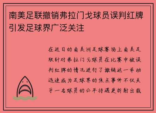 南美足联撤销弗拉门戈球员误判红牌引发足球界广泛关注